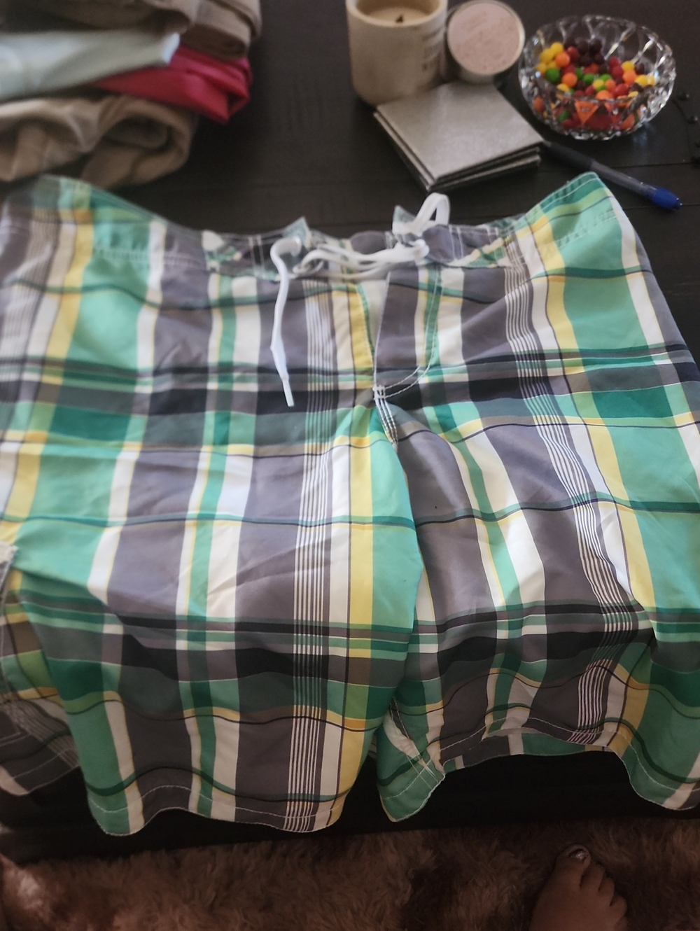 Old Navy Green, Gray & Yellow Plaid Swim Shorts